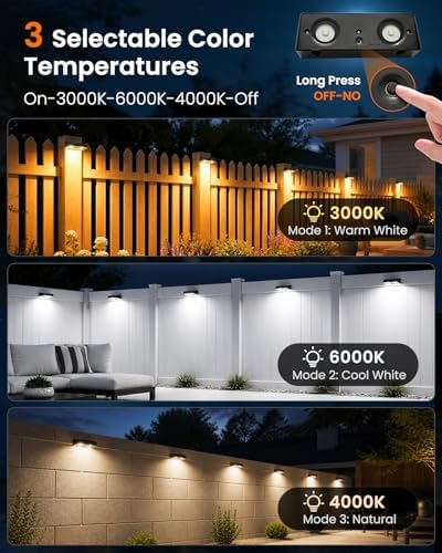 JOFIOS Fence Lights Solar Powered, 3000/4000/6000K 3 Modes Solar Lights for Fence Waterproof IP65 Dusk-to-Dawn LED Deck Lighting for Patio, Railing, Pool, Porch, Backyard, Wall, 8 Pack - Image 2