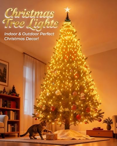 Christmas Tree Lights, 400 LED Cascading Twinkle Waterfall Lights with 8 Light Modes & Memory Function, 6.6FT x 16 Lines Outdoor Xmas Light for Christmas Tree Toppers Decoration - Warm White - Image 2