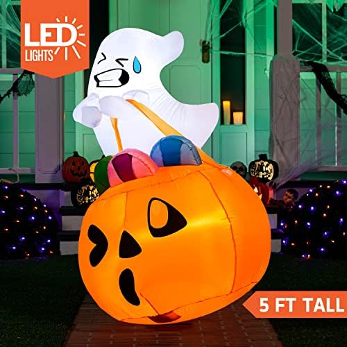Joiedomi 5 FT Tall Halloween Inflatables Outdoor Decorations, Inflatable Cute Ghost Halloween Decor Outdoor, Blow Up Ghost Lift Pumpkin Candy Bag with Build-in LEDs for Yard Decorations - Image 2