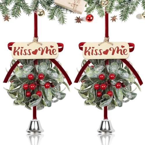 2 PCS Christmas Mistletoe Decoration Artificial Mistletoe Hanging Ornament Kissing Ball with Berry Bow Silver Bell Wooden Sign'kiss Me' for Doorway Home Xmas Tree Friendship Holiday Party Decor (Red) by Unknown