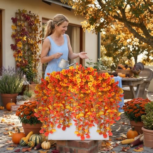 6 Pcs Artificial Hanging Flowers for Outdoor 30 Inch Orange Yellow Morning Glory Vines Brown Stem UV Resistant Fake Hanging Plants Silk Hanging FlowersGarden Porch Patio Window Box Fall Decor - Image 5