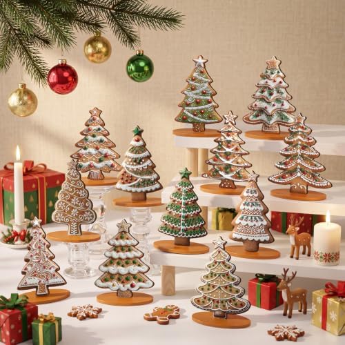 Wesiti 12 Pcs Christmas Table Decorations Wooden Xmas Gingerbread Tree Tiered Tray Centerpiece Decor Mini Christmas Tree Table Topper for Winter Holiday Farmhouse Party Favor - Image 2