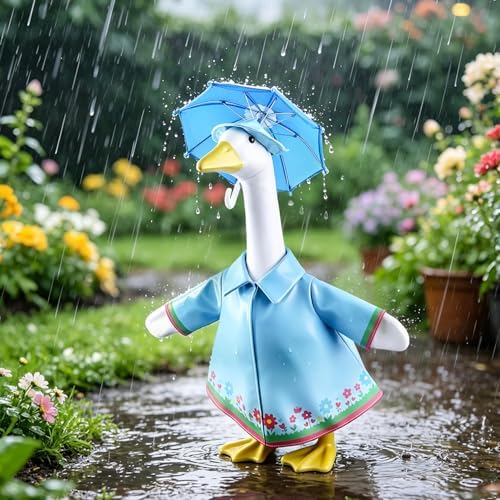 Raincoat Porch Goose Outfits, Summer Lawn Goose Raincoat Costume, Spring Outfit Yard Goose Rain Coat Clothes with Hat Umbrella Fits 23” Geese Statue for Outdoor Patio Garden Decorations (Blue) - Image 3