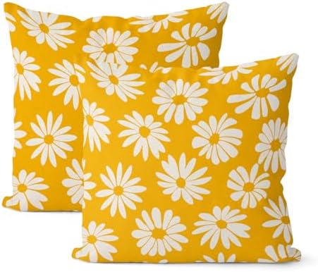 Mustard Yellow Pillow Covers 16x16 Inch 2 Pcs Daisy Floral Summer Outdoor Decor Throw Pillows Spring Flower Farmhouse Holiday Decoration Pillowcase Linen Cushion Cover for Couch Sofa Bed by DAFENA