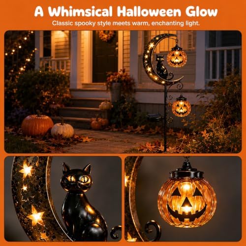 Solar Halloween Black Cat & Pumpkin Moon Garden Stake Light, Outdoor Waterproof LED Yard Decoration with Crescent Moon, Hanging Jack-o'-Lantern Lantern for Patio Lawn Path Yard (B #) - Image 6