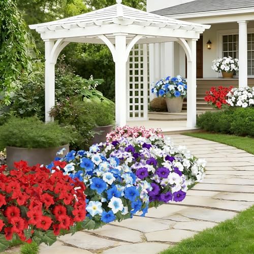 Artificial Flowers for Outdoors, Faux Petunias Spring Summer Decoration, Fake Flowers Plants UV Resistant Look Real Silk Flowers for Outside Planter Front Door Porch Patio Yard (6, Blue-White) - Image 7