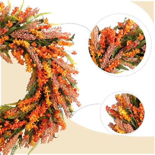 26 Inch Fall Flower Wreath for Front Door, Autumn Yellow Orange Forsythia Flower Indoor Outdoor Wreath with Berries Foam Leaves - Image 6