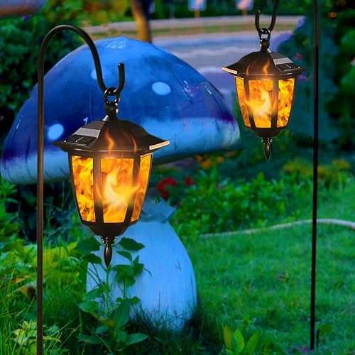 Dynaming 2 Pack Solar Flame Hanging Lights Outdoor, Halloween Solar Flickering Flame LED Garden Lanterns with 2 x 38 Inch Shepherd Hooks, Christmas Lighting for Lawn Patio Yard Pathway Driveway - Image 6