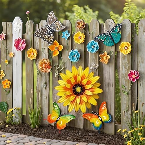 Meduofon Metal Flowers Wall Decor and Butterfly Wall Art, 3 Pack Metal Outdoor Wall Art Decor, Fence Art Wall Sculptures for Indoor Outside Garden Patio Decorations (Yellow&Green) - Image 4