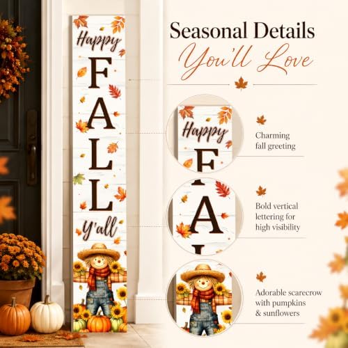 Fall Welcome Sign for Front Door, 47'' Brown Wooden Porch Sign Large Warm Greeting Door Sign Farmhouse Vertical Porch Sign Rustic Standing Welcome Yard Signs for Patio Outdoor Indoor Garden - Image 6