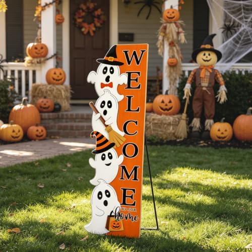 Welcome Sign Stand for Front Door, 47" Vertical Autumn Welcome Porch Sign Wall Hanging for Outdoor Patio Garden, Rustic Large Tall Porch Leaner Decor for Thanksgiving (ghost, colorful) - Image 6