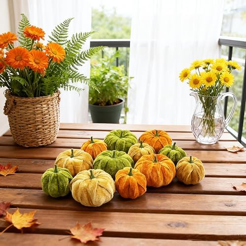 Pumpkin Decor 12pcs Halloween Artificial Pumpkins Fake Artificial Velvet Small Pumpkins for Fall Harvest, Thanksgiving, Christmas Party Decoration (Green Orange Gold) - Image 4
