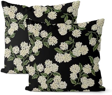 Black Spring Pillow Covers 16x16 Inch 2 Pcs Green Hydrangea Flower Decor Throw Pillows Vintage Floral Seasonal Summer Outdoor Decoration Pillowcase Linen Cushion Cover for Couch Sofa by DAFENA