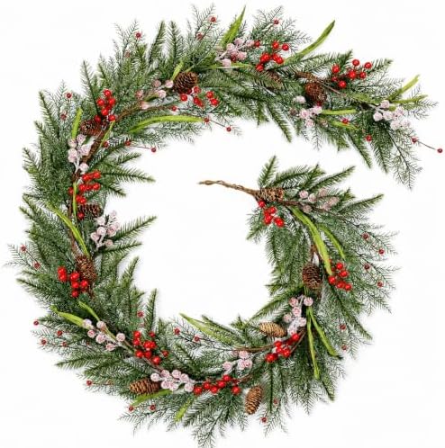 6 Ft Christmas Artificial Pine Vine Garland Green Norfolk Swags Garland Snowy Red Berries Pinecones Pine Needles Garlands for Christmas Holiday Xmas Winter Mantle Party Table Centerpiece Decorations by Unknown