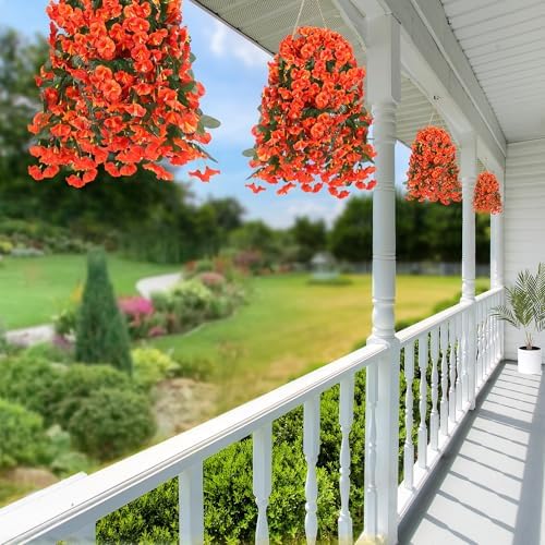 Sggvecsy Artificial Fake Hanging Flowers Plants for Outdoor Outside Spring Summer Decoration 2PCS Faux Silk UV Resistant Realistic Morning Glory Trailing Vines for Home Porch Patio Balcony(Orange) - Image 6