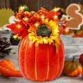MorTime 11 Inch Thanksgiving Lighted Pumpkin Decor, Thanksgiving Decorations Artificial Pumpkin with 30 LED Lights 9 Maple Leaves 2 Pumpkins 2 Berry Stems Sunflower Straw, Autumn Home Decorations by MorTime
