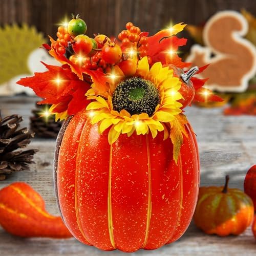 MorTime 11 Inch Thanksgiving Lighted Pumpkin Decor, Thanksgiving Decorations Artificial Pumpkin with 30 LED Lights 9 Maple Leaves 2 Pumpkins 2 Berry Stems Sunflower Straw, Autumn Home Decorations by MorTime
