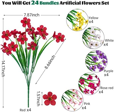 24 Pcs Artificial Flowers for Outdoor, Plastic Fake Flowers Decor, 6 Color - Image 2