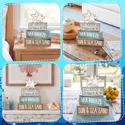 Yuntau 4 Pcs Summer Beach Decorations for Home Beach Tiered Tray Decor Starfish Coastal Rustic Starfish Wooden Block Table Sign Stacked Book Nautical Table Centerpiece for Farmhouse Office Desk Shelf - Image 5