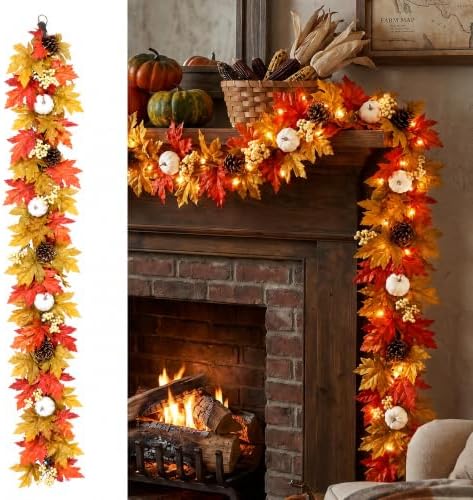 MUMTOP Lighted Fall Garland Maple Pumpkins, 6FT Thanksgiving Harvest Decor by MUMTOP