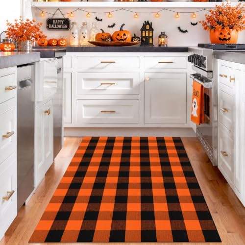 IOHOUZE Fall Buffalo Plaid Outdoor Rug 4x6, Washable, Black Orange - Image 2