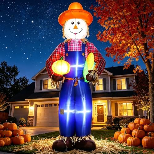 DomKom 12FT Fall Inflatable Scarecrow, Scarecrow Farmer Hold Corn and Pumpkin, Harvest Thanksgiving Blow Up Decorations, Built-in LEDs for Holiday Party, Garden, Lawn, Yard, Patio Décor - Image 2