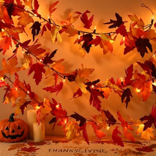 3 Pack Fall Decorations for Home -12Ft Maple Leaves Garland with 50 LED Mini Lights,8 Modes Waterproof Battery Operated for Mantle Fireplace Table Indoor Thanksgiving Decor by Ucutely