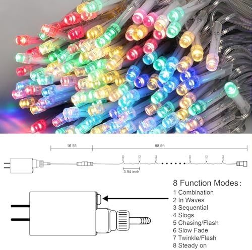 LJLNION 300 LED String Lights Outdoor Indoor, Extra Long 98.5FT Christmas Lights, 8 Lighting Modes, Plug in Waterproof Fairy Lights for Wedding Party Bedroom Decorations (Multicolor) - Image 4