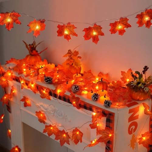 YEGUO 4 Packs Thanksgiving Decorations for Home, Fall Lights Battery Operated, Total 40ft 80 LED Lighted Fall Garland Maple Leaves for Thanksgiving Decor by YEGUO