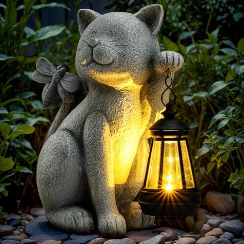 Solar Garden Outdoor Statues Cat with Solar Lantern,Outdoor Cat Figurines Decorations,Lawn Home Decor for Patio, Balcony, Yard Ornament,Unique Housewarming and Birthdays Gifts for Mom Women Grandma by YDKOJGW