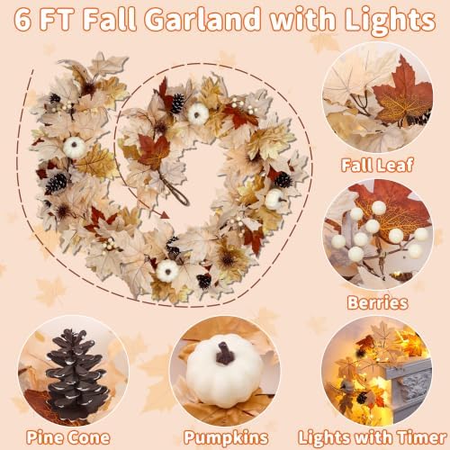 Fall Decor 6FT Lighted Fall Garland with Lights & Timer, Full Autumn Light Up Fall Leaf Mantle Garland with Pumpkin Berries Pinecone, Indoor Fall Thanksgiving Decorations for Home Fireplace Porch Door - Image 2