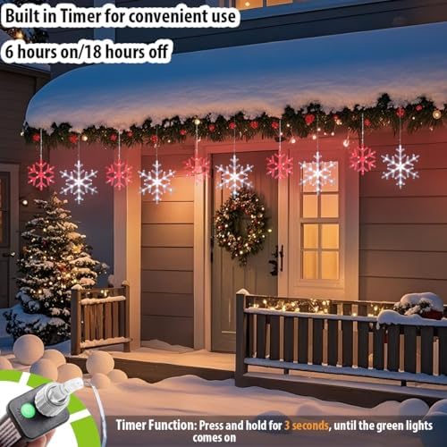 Christmas Snowflake Icicle Lights-9ft 150LED Twinkling Christmas Lights with Timer, Waterproof Connectable Hanging 10 Drop for Eave Window Porch Xmas Indoor Outdoor Decoration (Red and White) - Image 4