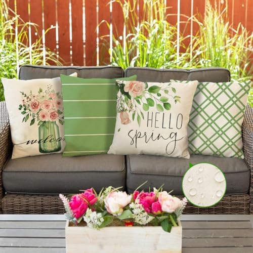 RABUSOFA Spring Pillow Covers 20x20 Inch Set of 4 Outdoor Waterproof Spring Decorations for Home,Green Farmhouse Decor Throw Decorative Pillows for Couch Patio - Image 3