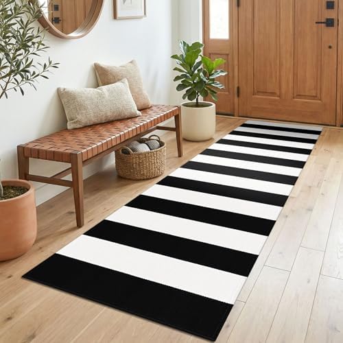 KOZYFLY Black White Striped Runner Rug 2x6 ft Woven Washable Hallway Runner by KOZYFLY