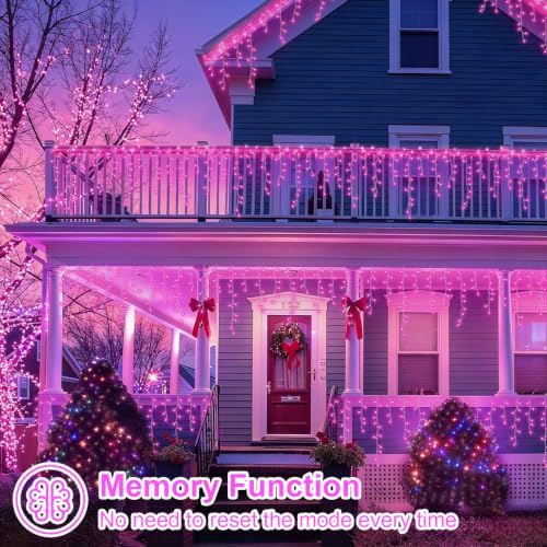 YEGUO 33ft 400 LED Pink Icicle Lights, 80 Drops Icicle Lights for Outside Connectable, 8 Modes String Christmas Light with Memory Timer - Image 4