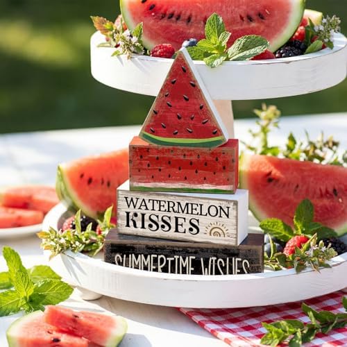 Lineshading 4 Pcs Summer Table Decor Wooden Watermelon Tiered Tray Decor - Image 4