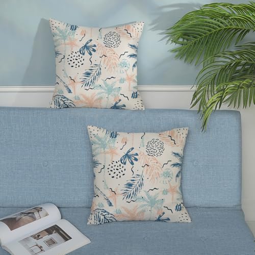 Summer Pillow Covers 18x18 Set of 2 Blue Orange Tropical Seashell Starfish Palm Leaf Throw Pillows Art Botanical Decorative Pillowcase Linen Outdoor Farmhouse Cushion Case for Couch Sofa Decor - Image 3