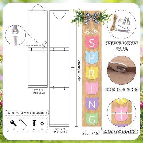 Welcome Porch Sign, Wooden, 47.2", Outdoor Front Door, Spring Tulip - Image 4