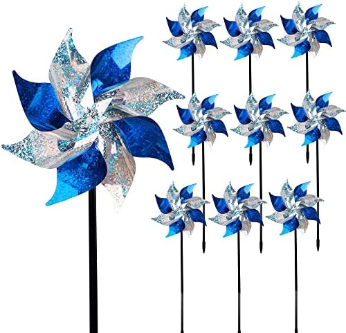 Hausse 10 Pack Reflective Pinwheels with Stakes (Assembly Required), Extra Sparkly Pin Wheel for Garden Decor, Bird Repellent Devices Deterrent to Scare Birds Away from Yard Patio Farm, Blue & Sliver by Hausse