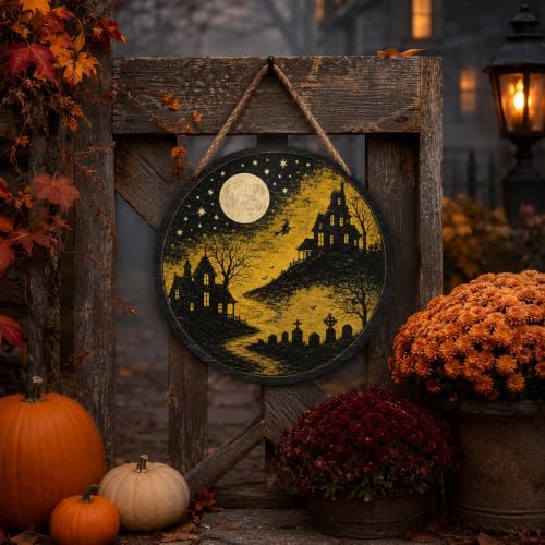 Gothic Halloween Decoration Wooden Sign, Autumn Moon Halloween Front Door Hanger, Spooky Image Wooden Sign for Indoor Outdoor Yard, Gothic Home Decorations - Image 5