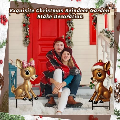 Moxweyeni 2 Pcs Outdoor Reindeer Christmas Decoration Cute Deer Sign Large Metal Reindeer Yard Sign with Stakes Christmas Farmhouse Deer Figurines for Lawn Garden Holiday Display - Image 7