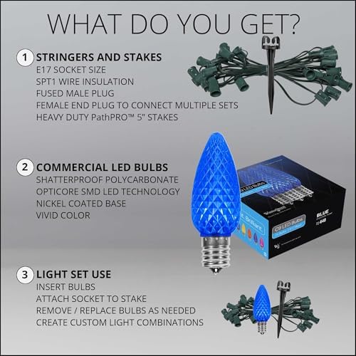 Wintergreen Lighting OptiCore LED C9 Blue Christmas Pathway Lights, Heavy Duty Bulbs for Driveway, Walkway Marker, 5" Commercial PathPRO Stakes, 18 Gauge Green Wire, 100 Lights, 100 ft - Image 6