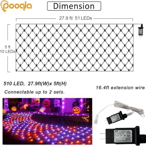 Pooqla Orange and Purple Halloween Net Lights Outdoor, 28x 5ft Clear Wire - Image 3
