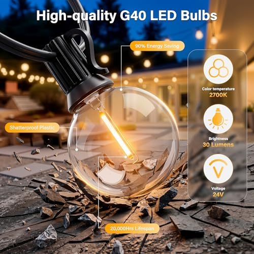 100FT Outdoor String Lights with Remote, Waterproof Connectable Dimmable G40 Patio Lights with 40+2 Shatterproof Edison LED Bulbs Plug in, Hanging Light for Outside Backyard Deck Garage Decor - Image 6