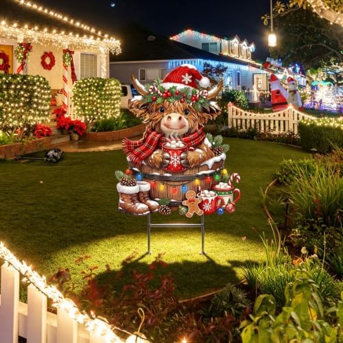 Amyhill Christmas Highland Cow Outdoor Decor Christmas Metal Yard Signs with Stakes Cow Gnomes with Santa Hat Decorative Lawn Sign for Indoor Outside Garden Pathway Walkway Xmas Party Decor - Image 4