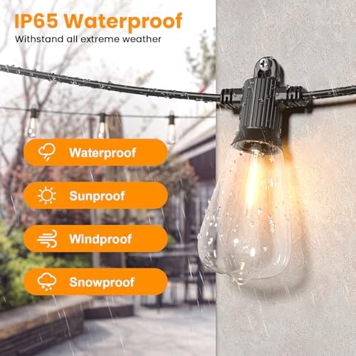 ZOTOYI Outdoor String Lights，50FT Patio Lights with 27 Vintage Edison Bulbs (2 Spare)，ST38 Waterproof Outside Hanging Light for Backyard, Bistro, Cafe, Gazebo, Porch Decor, Dimmable 2700K - Image 2