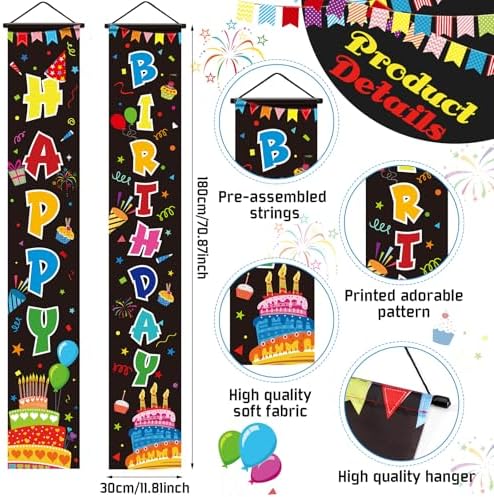 Oudain 3 Pack Colorful Happy Birthday Decorations Rainbow Birthday Banner Porch Sign Door Cover Flag Festival Wall Hanging Background Party Supplies - Image 2
