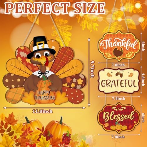 Thanksgiving Decoration Wood Pumpkin Turkey Door Wall Wreath for Front Door Sign Thankful Blessed Grateful, Pumpkin Sign for Fall Autumn Harvest Home Thanksgiving Party Outdoor Halloween Decoration - Image 3