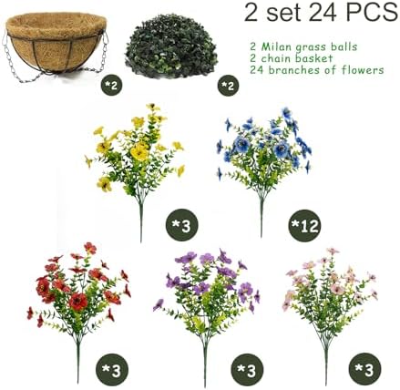 Artificial Hanging Plants Flowers with Basket 2 Packs, Artificial Hanging Flowers for Outdoors, Faux Hanging Plants Outdoor, Fake Flowers, Yellow+Purple+Pink+Red&Blue - Image 2