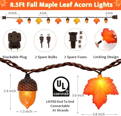 Couah 8.5 FT 3D Orange Maple Leaf & Acorn Lights with 10 LED Plug in Fall String Lights for Indoor and Outdoor Home Bedroom Autumn Party Harvest Fall Decorations - Image 2